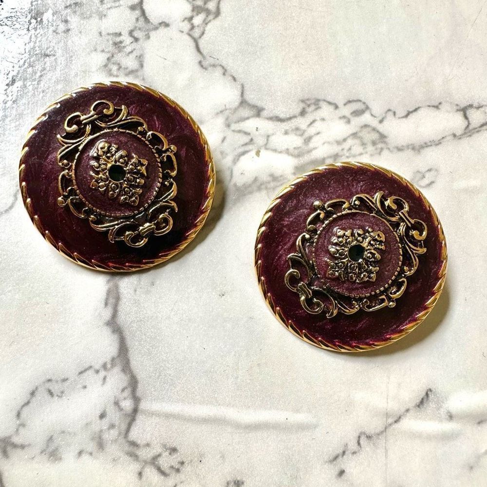 Purple and gold tone large vintage post earrings